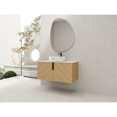 Meuble-lavabo de 36 po avec lavabo en céramique artistique, dalle de pierre artificielle blanche, 2 portes à fermeture en douceur, meuble-lavabo en contreplaqué, style moderne avec base artistique, entretien facile