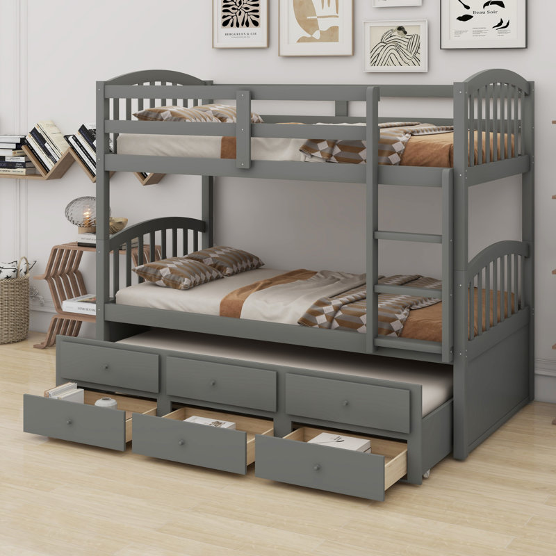Bunk Bed With Ladder, Safety Rail, Trundle, Drawers, Gray