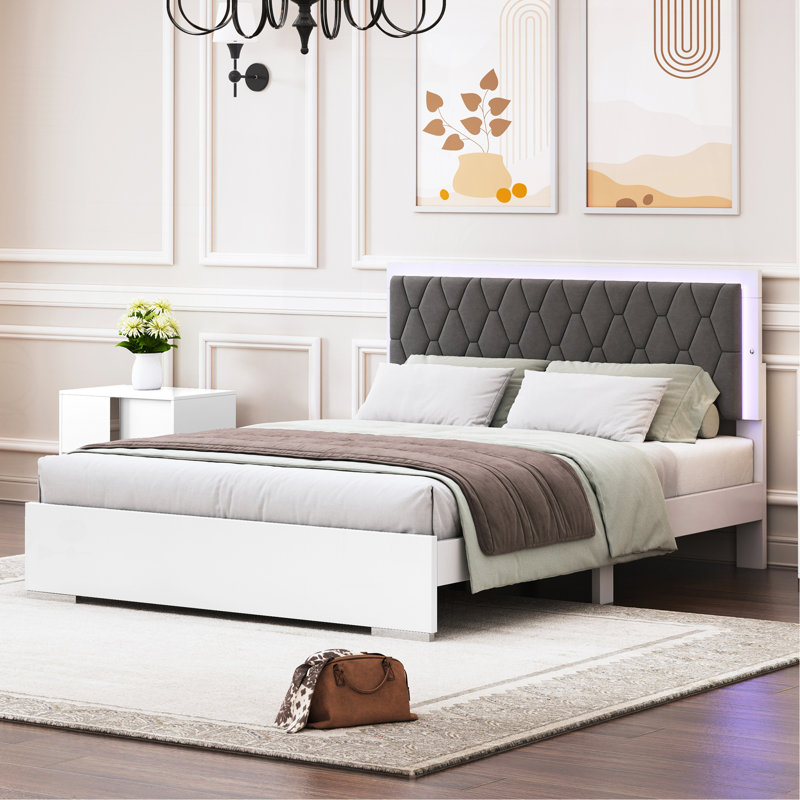 Queen Size Upholstered Bed With Led Light, White