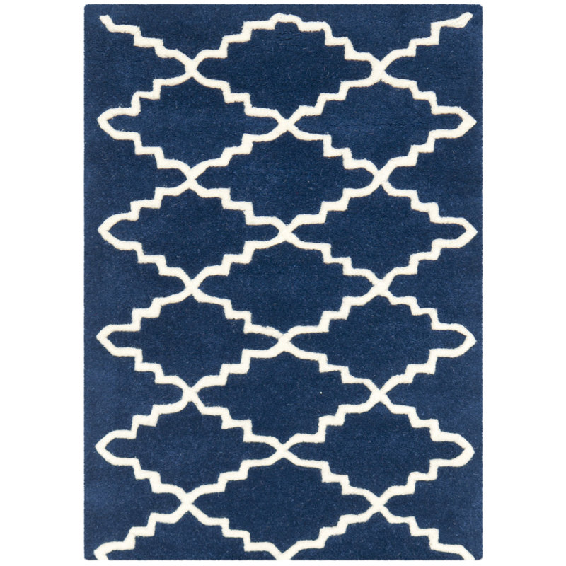 Handmade Dark Blue and Ivory Wool Tufted 3' x 5' Rug