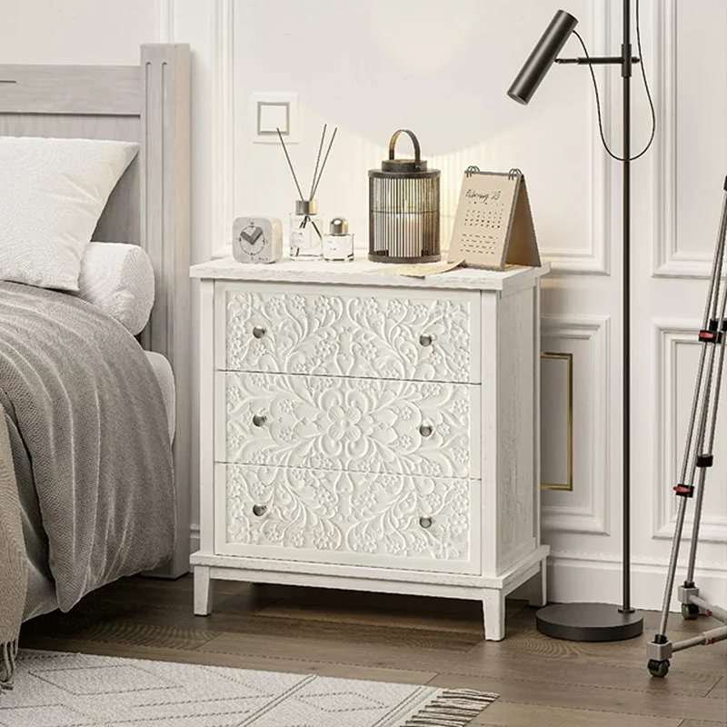 Bungalow Rose Farmhouse Fully-Assembled Nightstand With 3-Drawer, Flower Motif End Table For Small Spaces, French Country, Modern, Distressed Finish, White-Washed