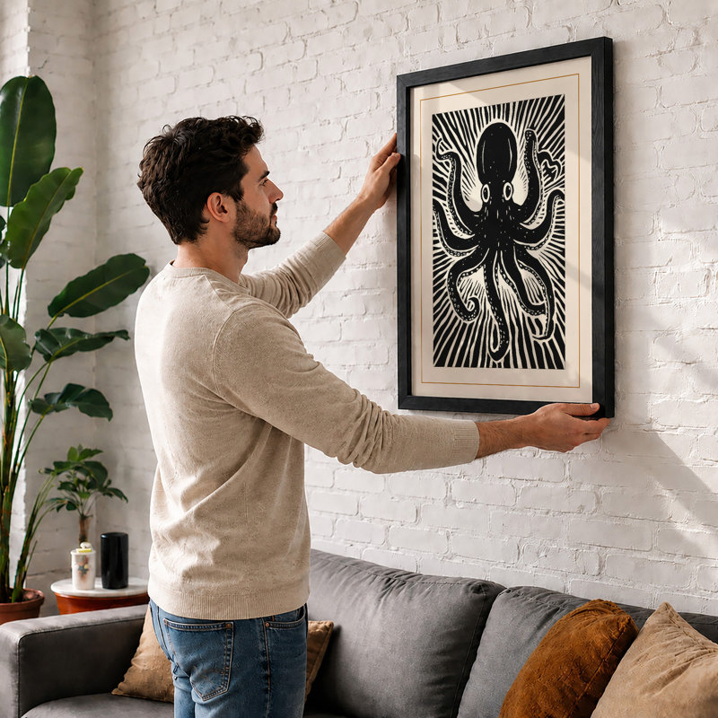 Octopus Starburst Graphic Art - Framed Print, A2 - 59.4 x 42.0 cm, Walnut