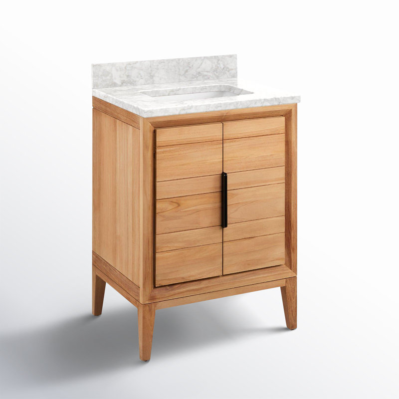 24" Aliso Single Bathroom Vanity Set with Rectangular Undermount Sink, Carrara Marble, No Faucet Hole, Natural Teak