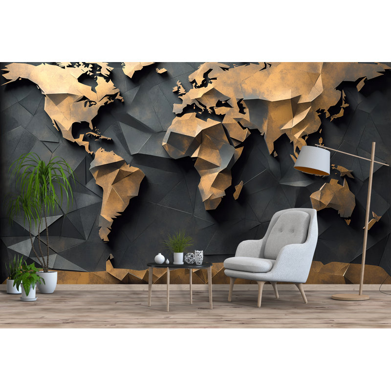 Papier peint carte du monde moderne géométrique 3D - style métallique texturé abstrait, salon luxueux et décoration murale de bureau, décor intérieur contemporain