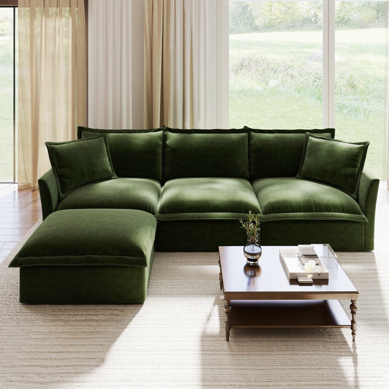 Canapé en chenille, canapé en L, canapé 3 places, avec repose-pieds, pour le salon, Green