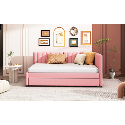 Twin Size Upholstered Daybed With Pink Linen Trundle, No Box Spring Needed Bed Linen, Pink, Required