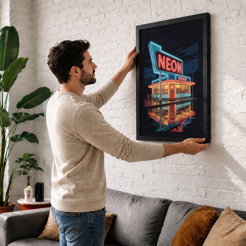 Neon Diner at Night Retro - Framed Print, Oak, A4 - 29.7 x 21.0 cm