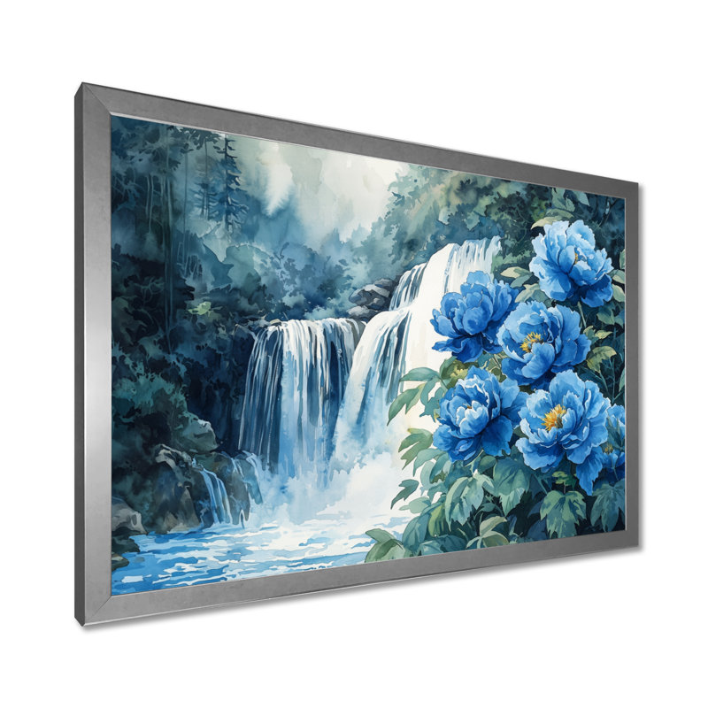 Pivoines par la cascade V - art mural pivoines, H 12 po x l 20 po, Picture Framed Print, Argent argent