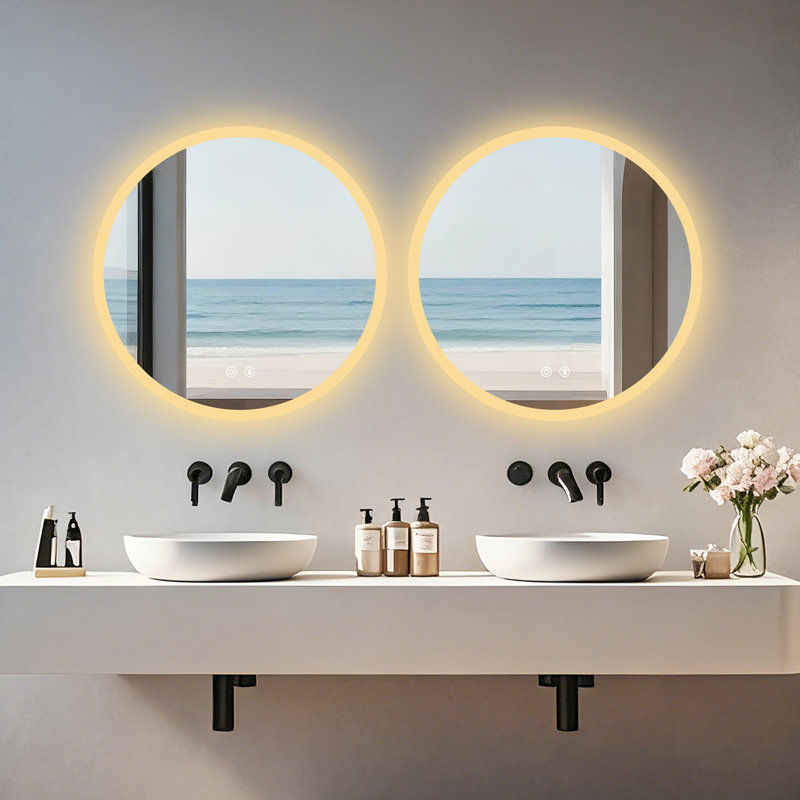 Round Lighted Wall Mounted Bathroom Mirror, 60 cm H x 60 cm W