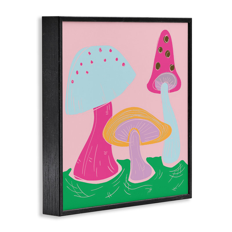 «Groovy Mushroom Dancing Giclee Art» par Deidre Mosher, H 12 po x l 12 po, Giclée encadrée noir minuit