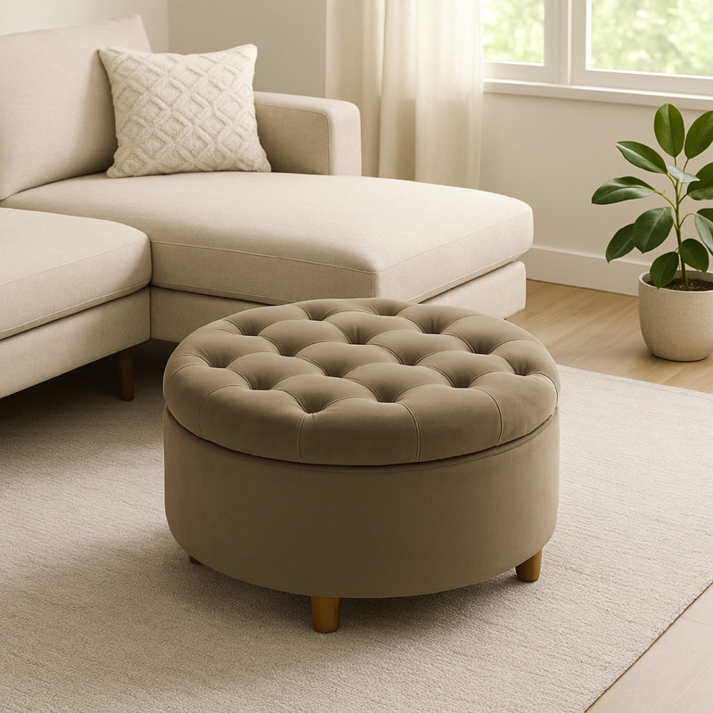 Repose-pieds avec rangement Jo, dessus relevable capitonné rond de 28 pouces, velours vert sauge