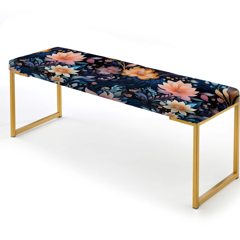 Floral Upholstered Gold Bench,  Multicolor Enchanted Forest Floral Pattern