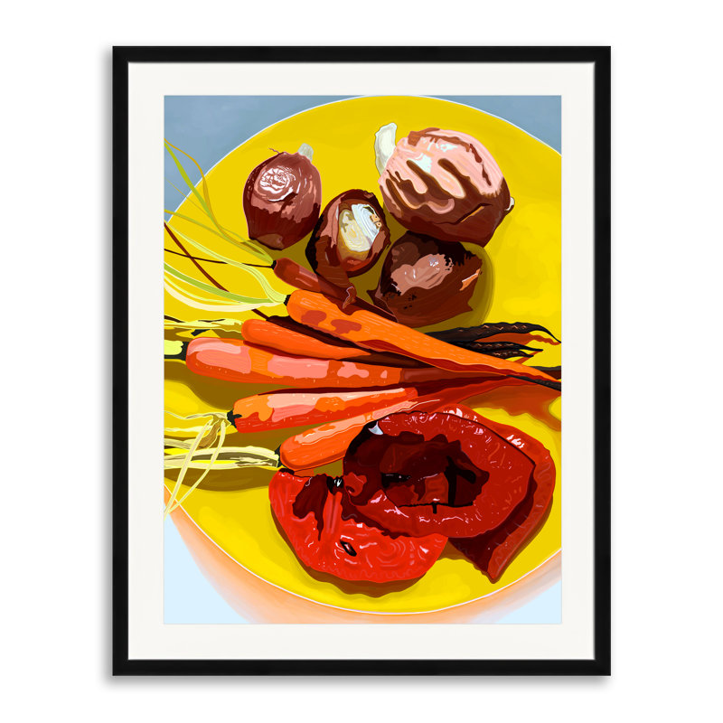 Légumes grillés sur plaque jaune par Evan Sklar - Peinture, Papier avec cadre noir, 30" H x 24" W