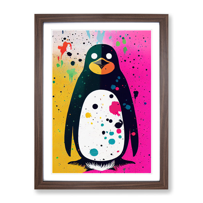 Paint Splash Penguin No.2 - Wall Art, 34cm H x 25cm W x 2cm D, Walnut Framed