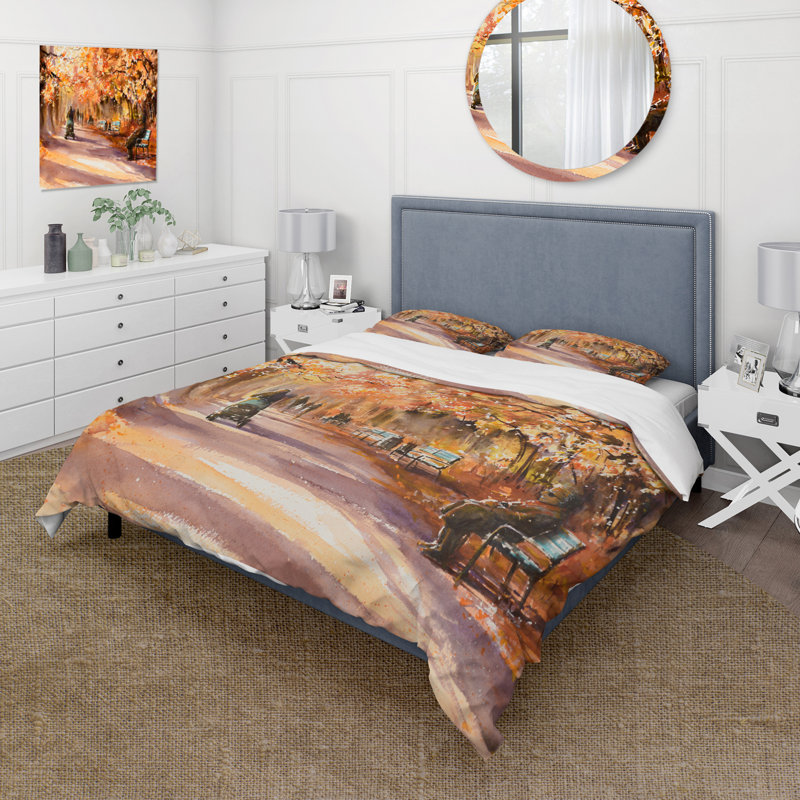 Road In The Park In Sunny Autumn Day - Ensemble de housse de couette Country - Microfibre de polyester