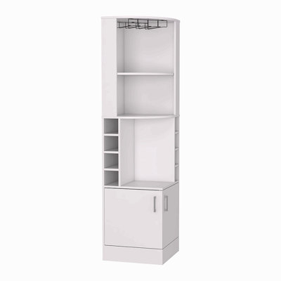 Armoire de coin H 71 po, avec deux tablettes en haut, 1 support en verre, 8 porte-bouteilles extérieurs, 1 tablette centrale et un tiroir inférieur avec 2 portes latérales