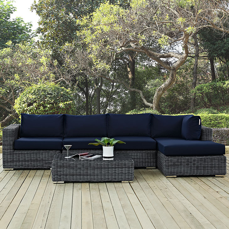 Modway Invite 5 Piece Outdoor Patio Sunbrella Sectional Set, Canvas Navy Sunbrella® Canvas