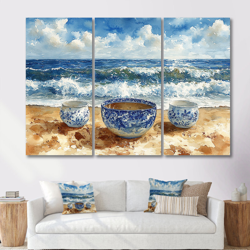 Poterie de plage dans des tons bleus et blancs - Ensemble de décorations murales de plage, H 28 po x l 36 po x P 1 po