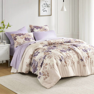 Grand lit floral taupe dans un sac, édredon avec 2 taies décoratives, 1 drap plat, taies d'oreiller ajustées, microfibre brossée douce, 100%, sac à motif aquarelle pour grand lit, rembourrage, convient aux matelas de 16 po