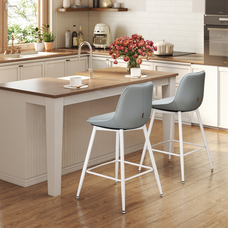 Borna 17.7''W x 15.7''D Mid-Century Faux Leather Bar Stools/ Counter Stools with Steel Frame & Footrest, Gray