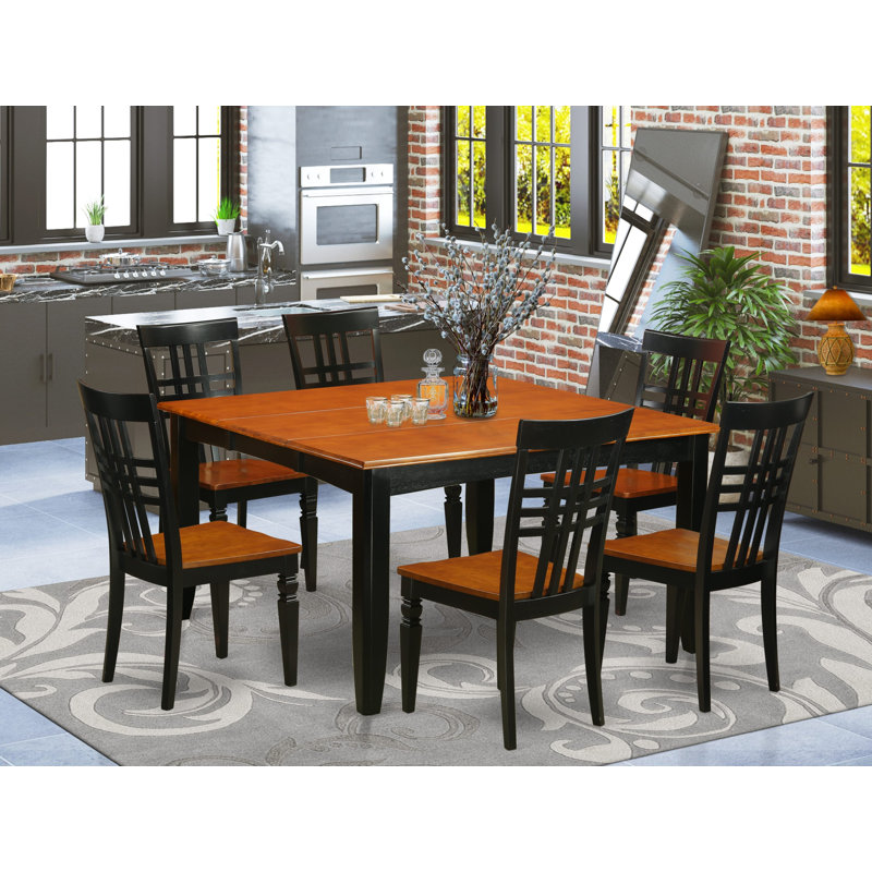 Ensemble de salle à manger moderne de 7 pièces comprenant une table carrée en bois avec rallonge papillon et 6 chaises, 137 x 137 cm, noir et cerisier