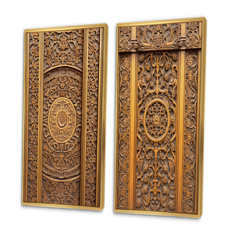 Vieille porte en bois sculpté V - ensemble d'art mural floral de porte de ferme de 2 pièces, Encadrement doré