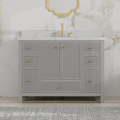 48" Bathroom Vanity with Single Undermount Sink, Cultured Marble Top, 2 Soft-Close Doors & 7 Drawers, Solid Oak & Engineered Wood Cabinet