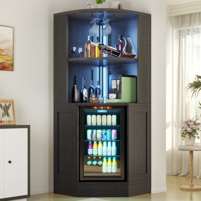 Corner Bar Cabinet with Fridge Space, Smart RGB LED Lights, Power Strip, Fits Beverage Coolers or Wine Fridge