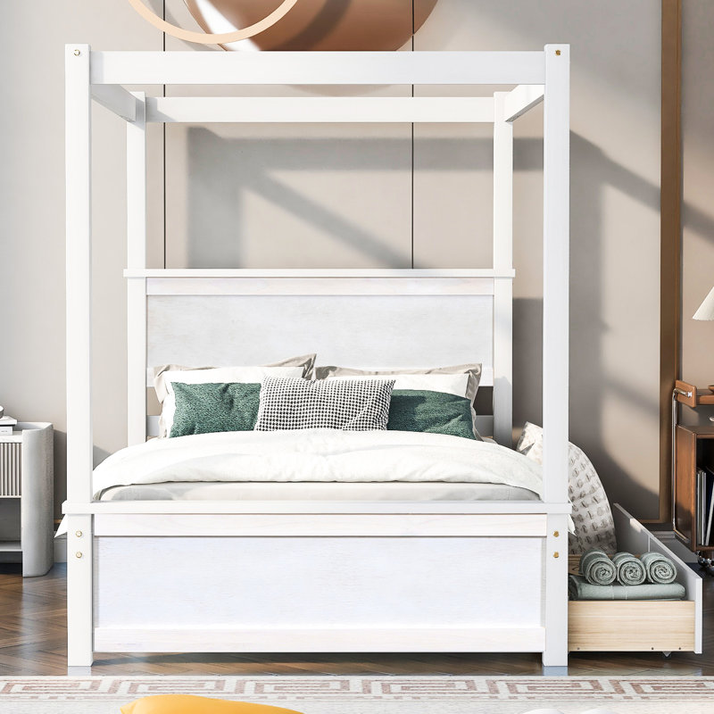 Lit plateforme double à baldaquin, blanc brossé, de fabrication solide, avec 2 tiroirs pour lit à deux tiroirs, l 56,9 po x L 79,5 po, H 71,2 po