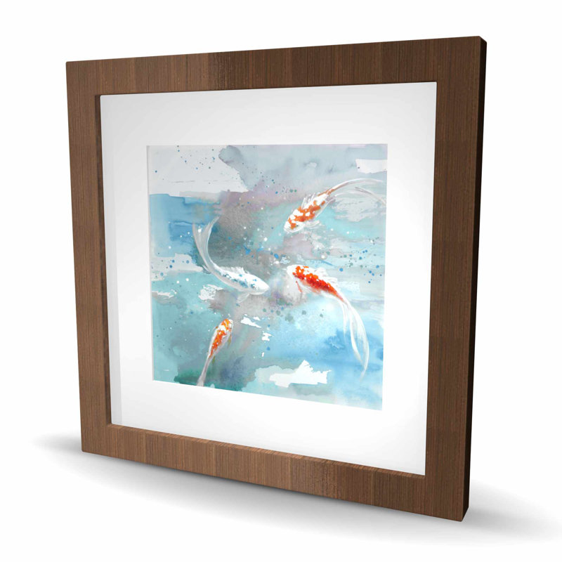 Koi Fish in Blue Water - Reproduction matte asiatique encadrée pour la décoration, Brun, H 16 po x l 16 po