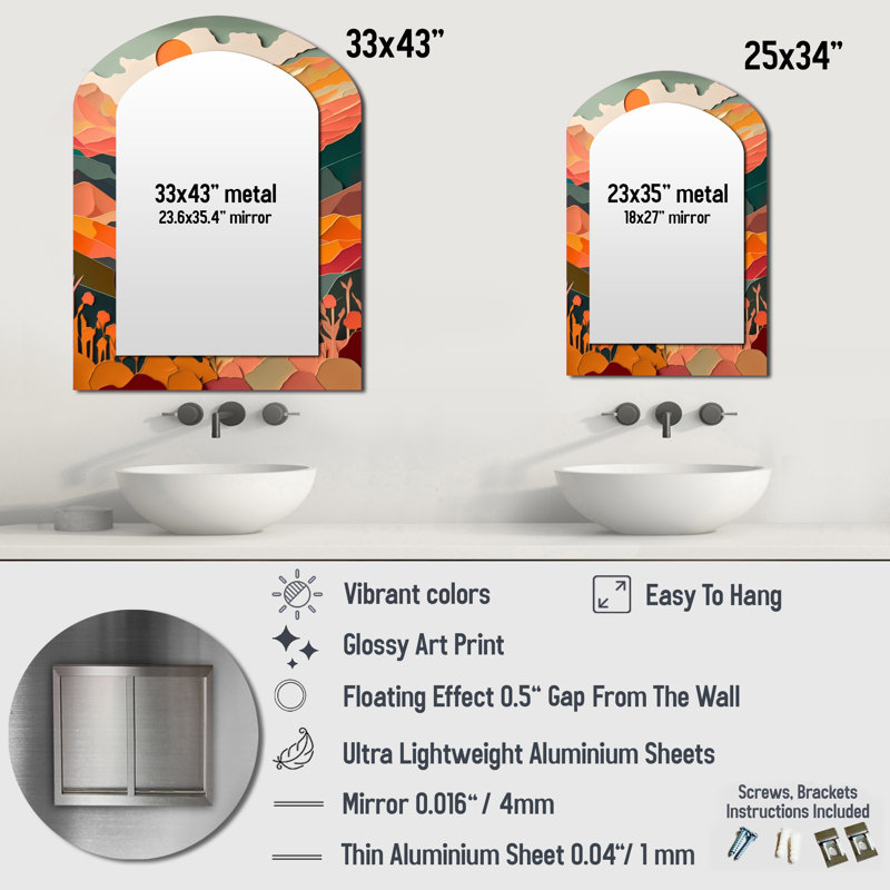 Sublime Sun Soaked Simplicity II - Minimalism Asymmetrical Mirror, Orange Arch Decorative Wall Mirror, Printed Metal Art