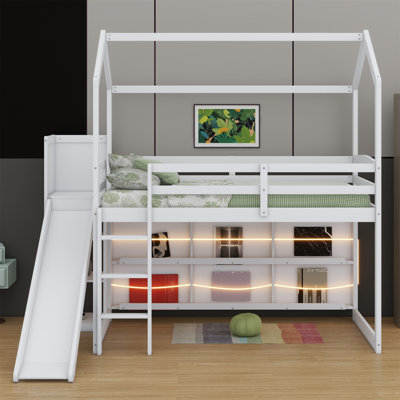 House Loft Bed With Slide, Storage Shelves And Light