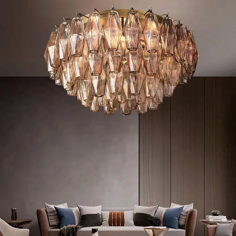 Plafonnier en cristal, H 11 po x l 17 po x P 17 po, Trois lumières, Doré