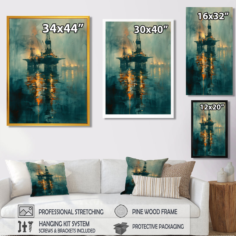 Plate-forme de pétrole bleue et jaune dans le golfe du Mexique, Canevas, H 24 po x l 32 po x P 1 po