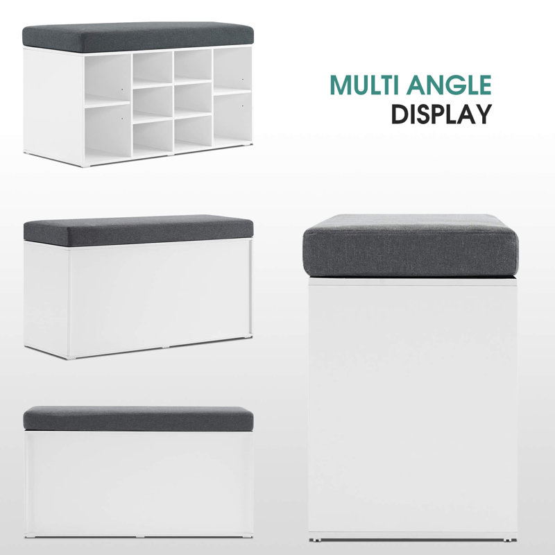 Ivinta White Shoe Storage Bench with Gray Cushion and 10 Cubbies