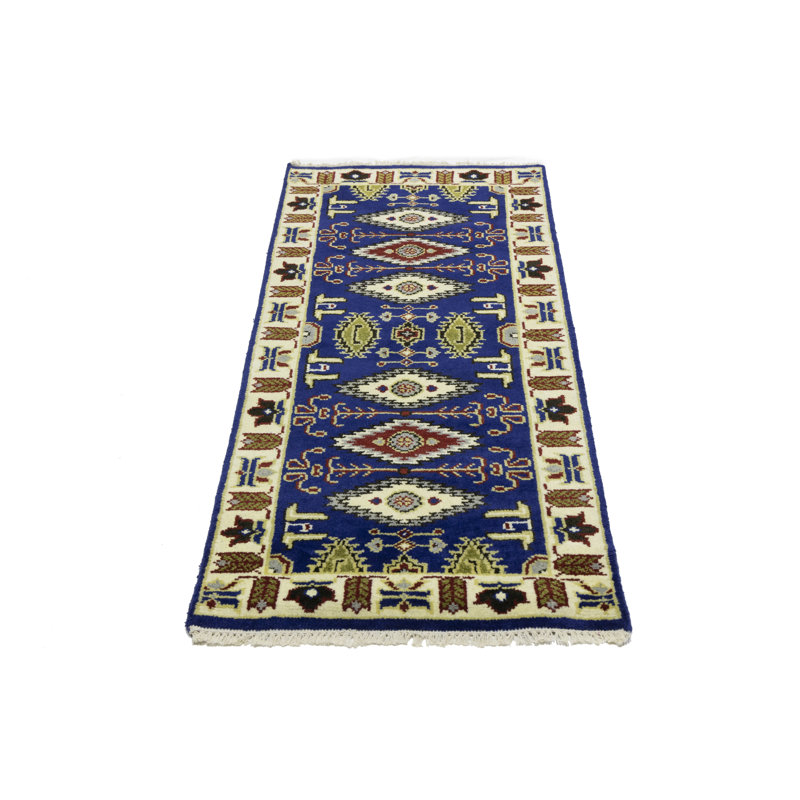 Katron Geometric Handmade Rectangle  2'6 X 6'1 Wool Area Rug Navy Blue