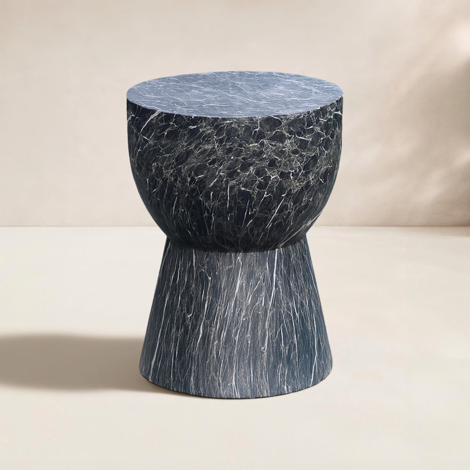 Zofia Composite Drum Black Marble Accent Table, Black Marble