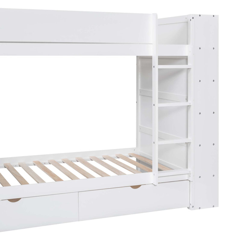 Lit superposé avec 2 tiroirs et armoire à couches multiples, Lit simple, Blanc