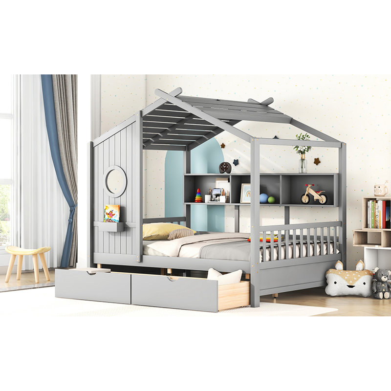 Lit en bois gris avec 2 tiroirs et tablette de rangement à l'arrière, maisonnette de jeu en bois, Lit double