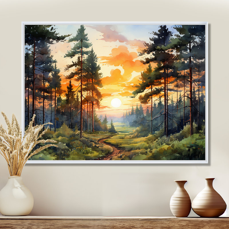 «Pine Tree Sunset Glow I», art encadré pin, H 30 po x l 40 po x P 1,5 po, Cadre flottant blanc