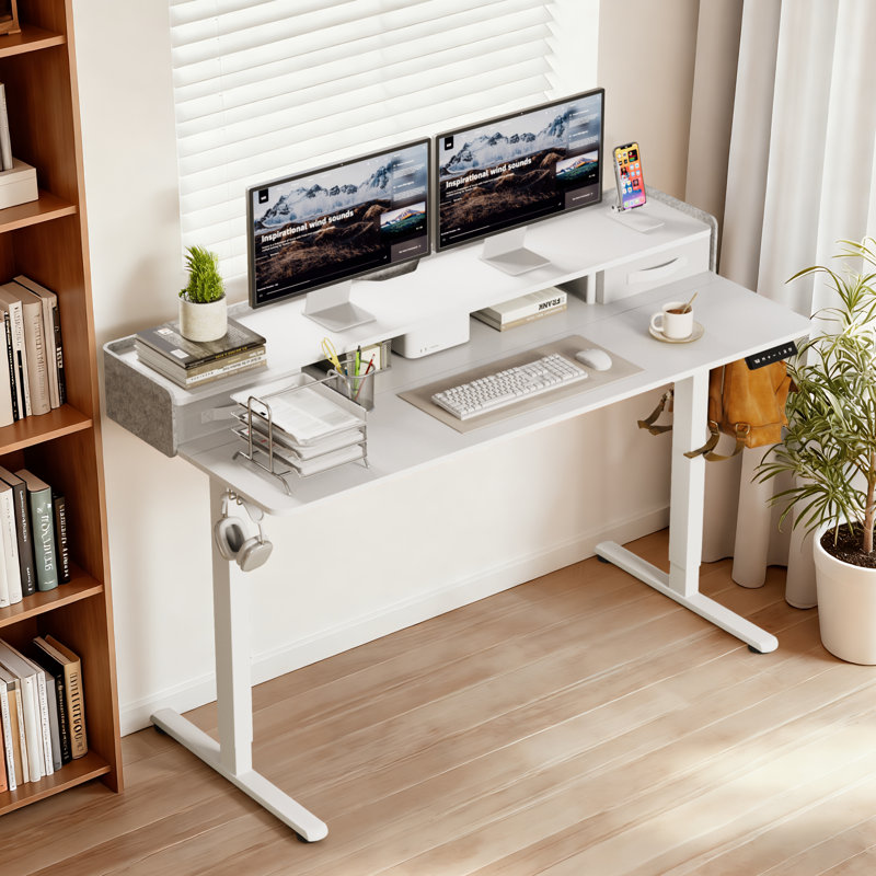 Table d'ordinateur de bureau électrique à hauteur ajustable avec tiroirs, Blanc / blanc, H 46,3 po x l 63,8 po x P 23,6 po