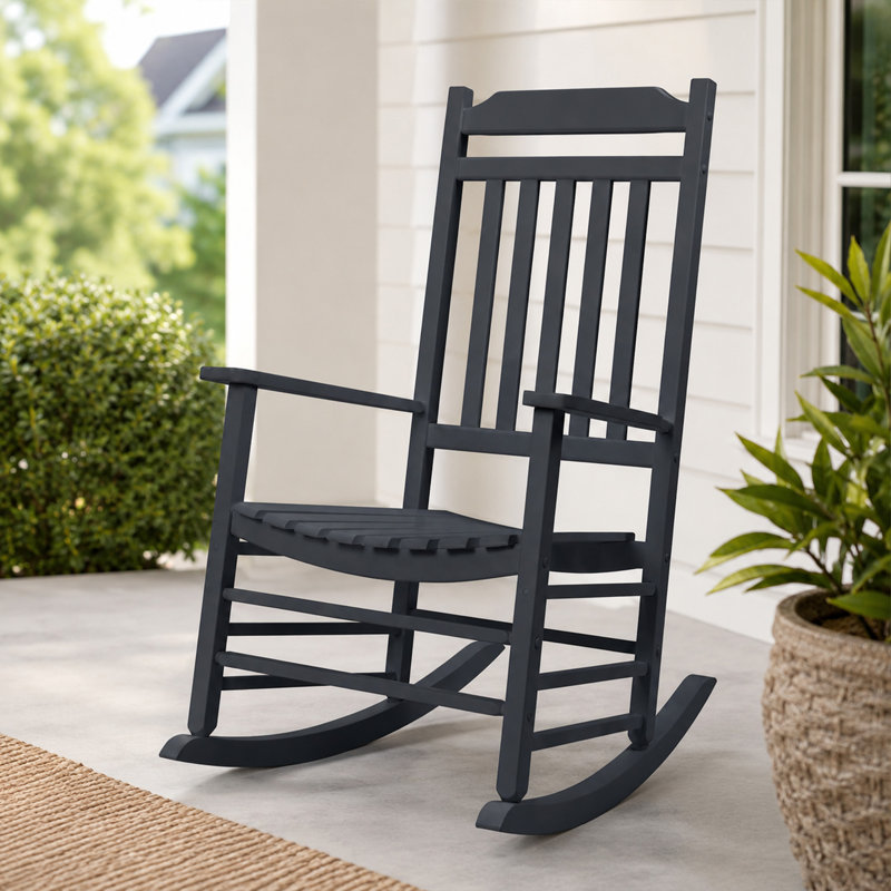 Chaise berçante en bois Kozyard, chaise berçante d'extérieur en bois massif avec dossier haut et siège à lattes, chaise berçante ergonomique pour patio, balcon, jardin, intérieur extérieur, gris