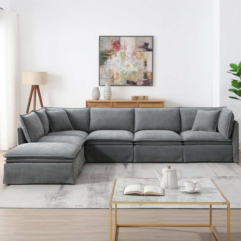 125.5'' Modular Sectional Sofa With Movable Ottoman,6-Seat L Pholstered Indoor Furniture, Wide Seat ,Free Combination, Oversized Sofa For Living Room & Apartment