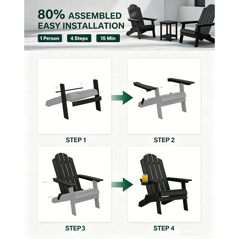 Ensemble de 2 chaises pliantes en plastique composite résistant aux intempéries avec porte-gobelets, assemblage facile pour foyer, pelouse et jardin, noir