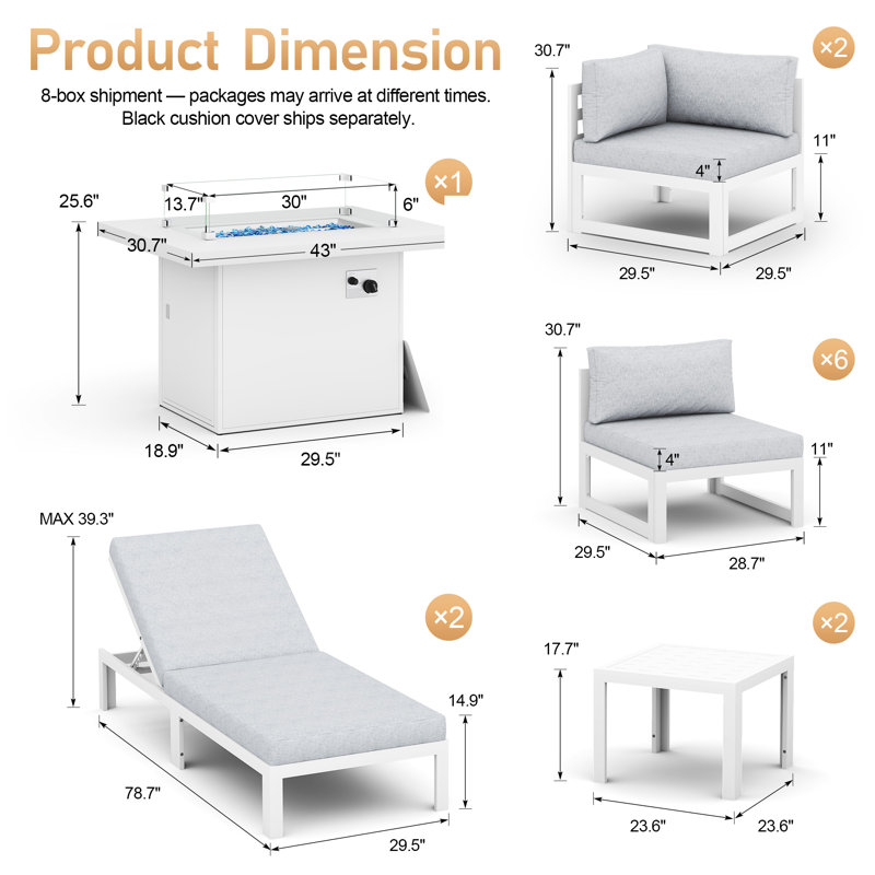 13 Pieces Modern Aluminum Patio Furniture Set With Natural Gas/Propane Firepit Table, Outdoor Modular Sectional Conversation Set With Patio Chaise Lounges