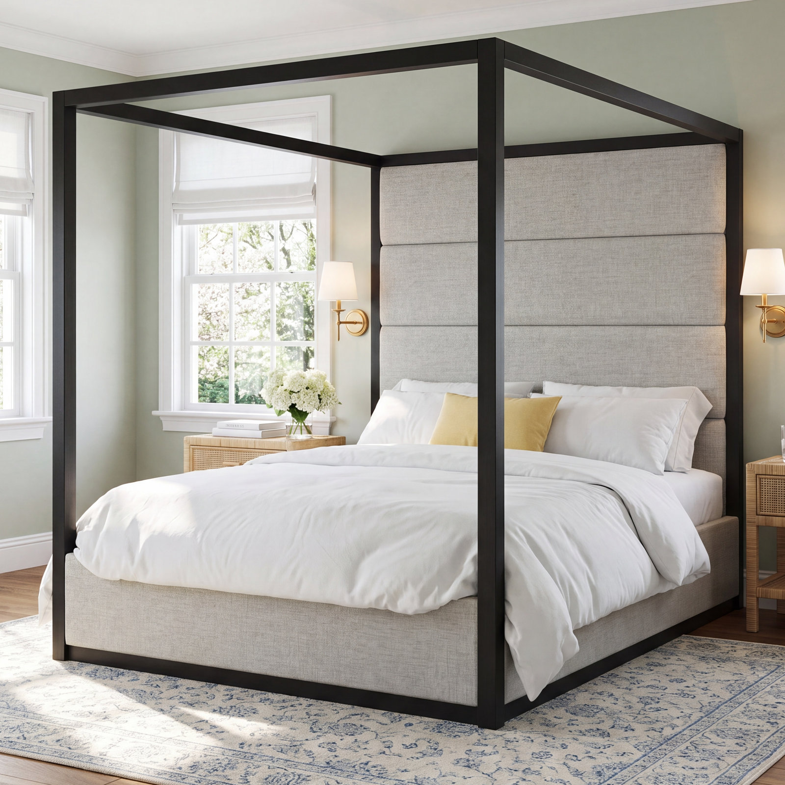 Langley Tufted Canopy Bed, King, Gray/Off-White