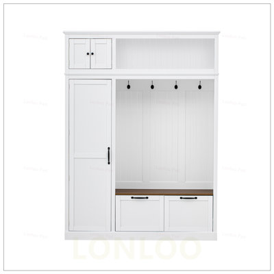 3-in-1 Hall Tree with Overhead Storage, Adjustable Shelves, Heavy-Duty Hooks, Spacious Drawers, and Grooved Back Panel for Entryway Organization