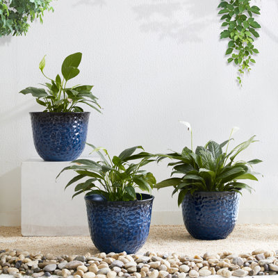 11.75"D Set Of 3 Honeycomb Textured Green Faux Ceramic Pot Plastic Planter