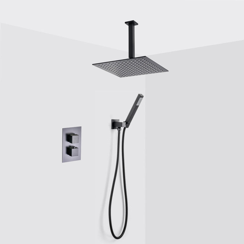 Devon 2-3 Way Shower Set With Hand Shower Set - Ceiling Mount - 12" Brass/Matt Black