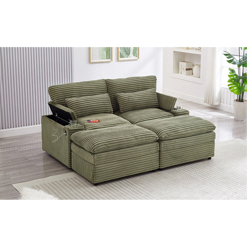Loveseat Sofa 70.9" Free-Combined Sectional Convertible Sofa Bed With Storage Space, Two Movable Ottomans, Four USB Ports And Two Cup Holders For Living Room, Green